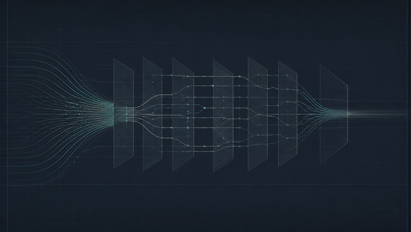 Abstract signal lines pass through layered control gates, representing IEEPA refund traceability after CAPE Phase 1.