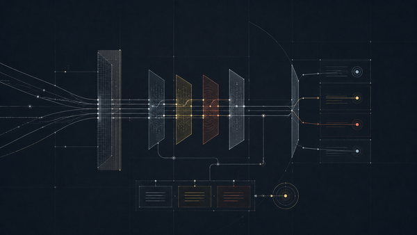 AI governance schematic with controlled signal flows, decision gates, and audit paths on a navy grid