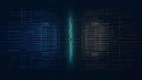 Abstract AI governance visual with mirrored signal lines, layered grids, and a luminous verification boundary