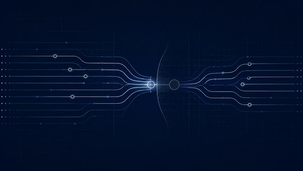 AI agent governance visual with layered pathways, transfer nodes, and a muted threshold event.