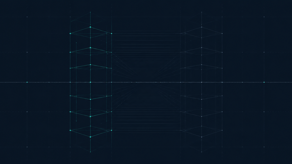 Prior authorization accountability gap: complete teal wireframe column beside an unresolved grey structure on deep navy.