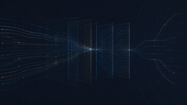Secure AI model review shown as signal lines moving through transparent grid panels on a dark background.