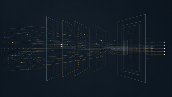AI governance verification shown as signal lines moving through layered grids and control boundaries