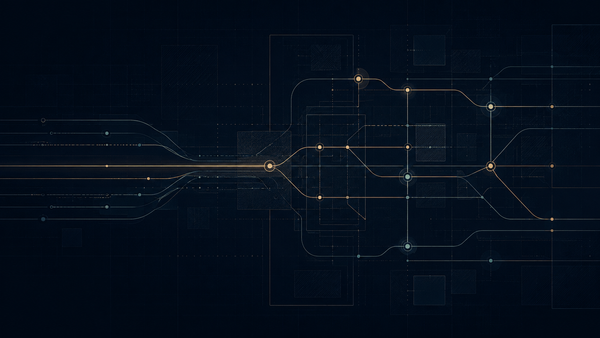 Abstract ADMT decision trail with routed signal lines, checkpoints, and evidence paths on a dark grid.