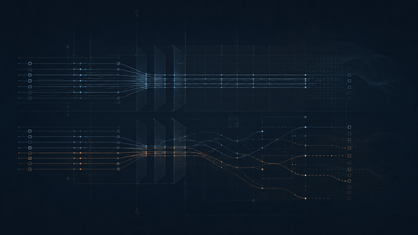 AI evaluation gap visual with test signals staying aligned while deployment paths split across a dark grid