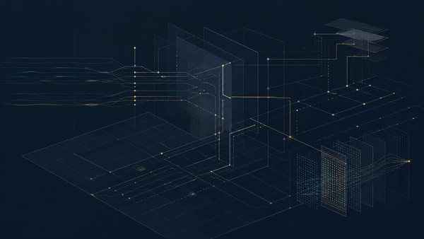 AI asset defensibility visual with routed signal lines, layered grids, and controlled access paths