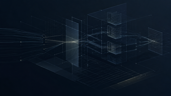 EEO reporting visual with signal paths, grid panels, and evidence layers in a secure compliance review space