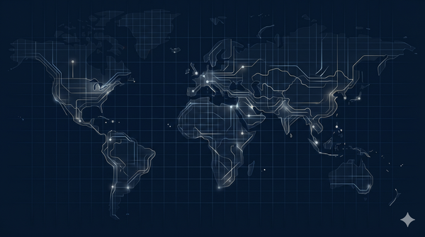 Abstract world map visualizing the agentic AI security governance gap — signal nodes and circuit lines across global enterprise networks.