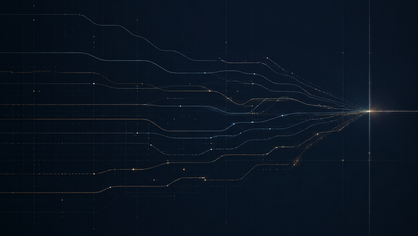 Abstract regulatory signal lines converging — visual metaphor for click-to-cancel rule enforcement paths across states.