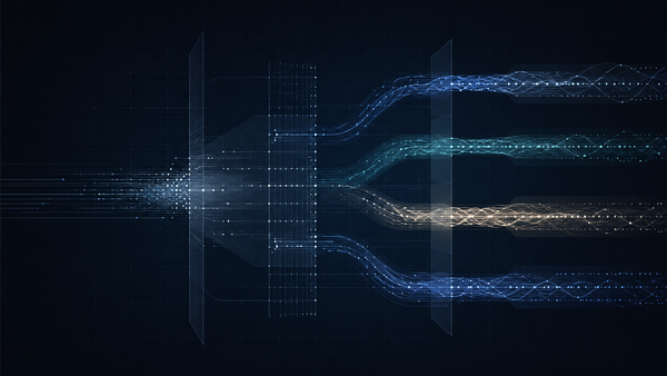 Branching signal lines visualize AI policy analysis and regulatory traceability across multiple pathways