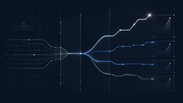 Tariff refunds visualized as branching financial signals separating reported earnings, cash timing, and operating results.