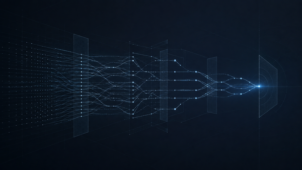 AI hiring discrimination visual with layered decision pathways, filters, and a final outcome.