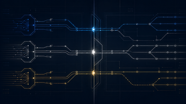 OneGov AI vendor lock-in visualized as multiple data pathways crossing a structured transition boundary.