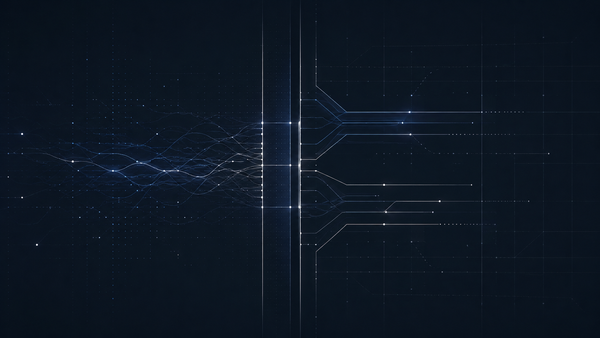 Frontier AI capability threshold shown as data signals filtered through a central governance boundary into controlled paths.
