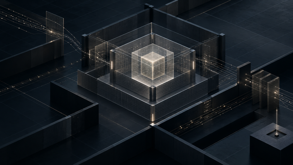 Frontier AI safety assurance visual with layered containment zones, monitored signal paths, and secure system boundaries.