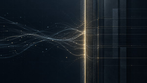DOJ AI regulation by prosecution visualized as data signals meeting a fixed legal boundary in a dark policy grid.