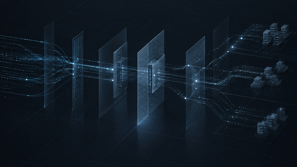 AI cybersecurity basics shown as blue data paths moving through layered security boundaries and access points.