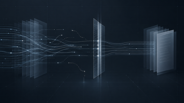 AI scribe verification gap shown as data flows passing through a review checkpoint into clinical records.
