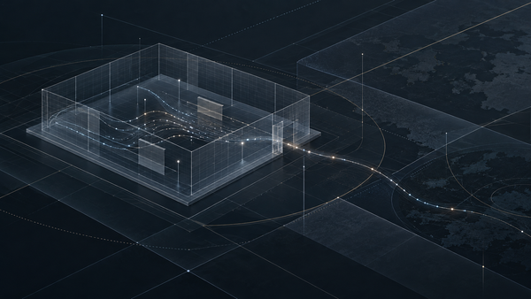 EU AI Act R&D exemption concept with a data signal crossing a transparent testing boundary.