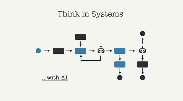 Diagram with title: Think in Systems… with AI. Shows a AI robot icon at the center and part of a block diagram with arrows.