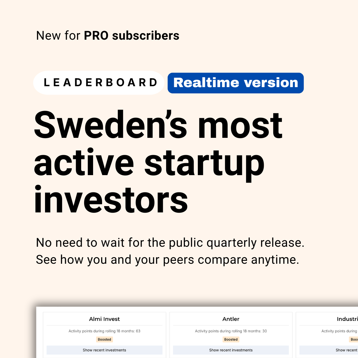 New for PRO subscribers: Realtime version of the leaderboards featuring Sweden's most active startup investors