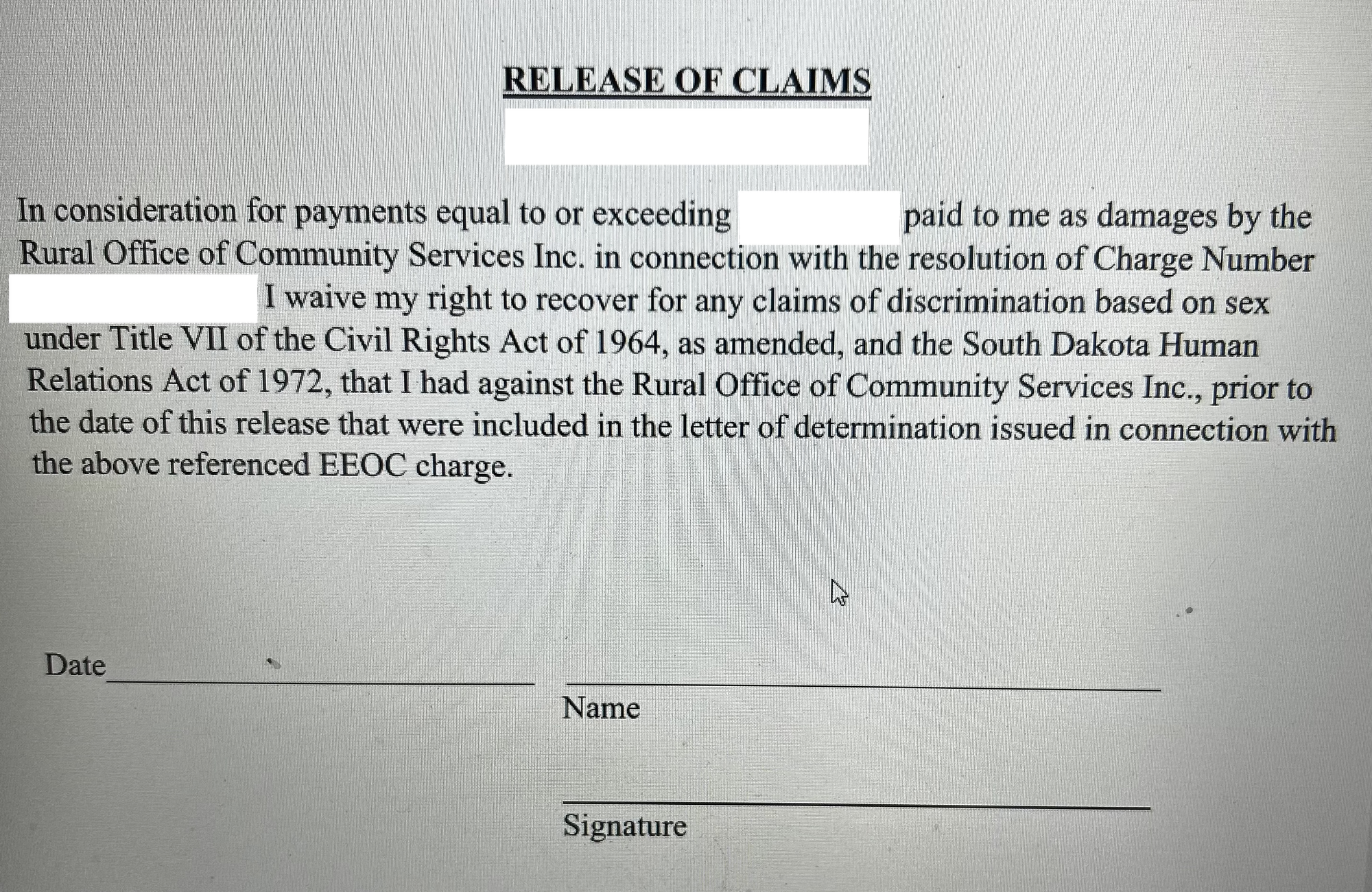 This redacted document shows The claim agreements signed by former employees of the Rural Office of Community Services.
