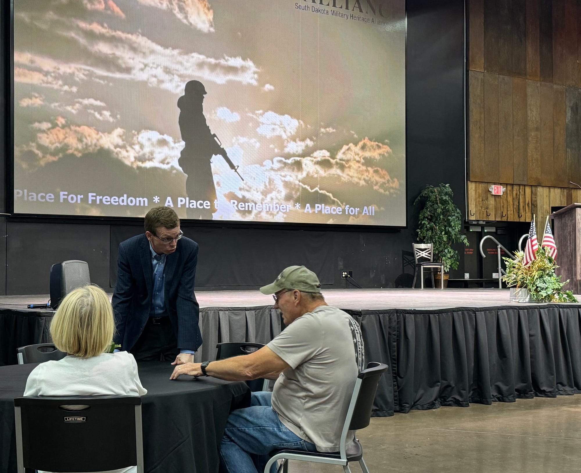 South Dakota U.S. Rep. Dusty Johnson meets with a veteran during an event at the Military&nbsp;Heritage&nbsp;Alliance in Sioux Falls, 