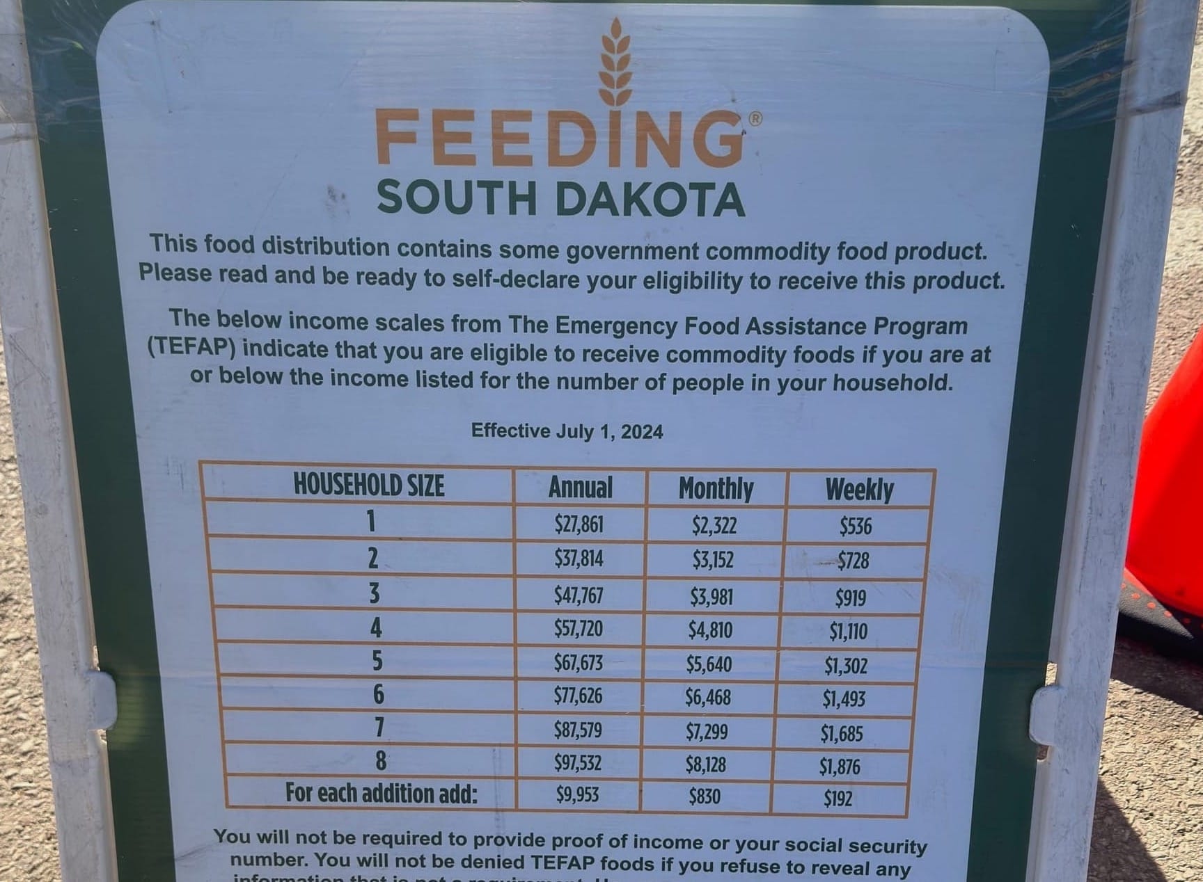 A sign at the Feeding South Dakota mobile food bank on March 27, 2025, in Box Elder, S.D.,