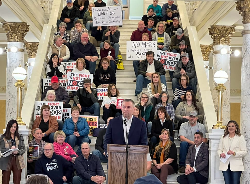 Republican Speaker of the House Jon Hansen speaks at a rally against the proposed carbon pipeline project at the South Dakota State Capitol in Pierre