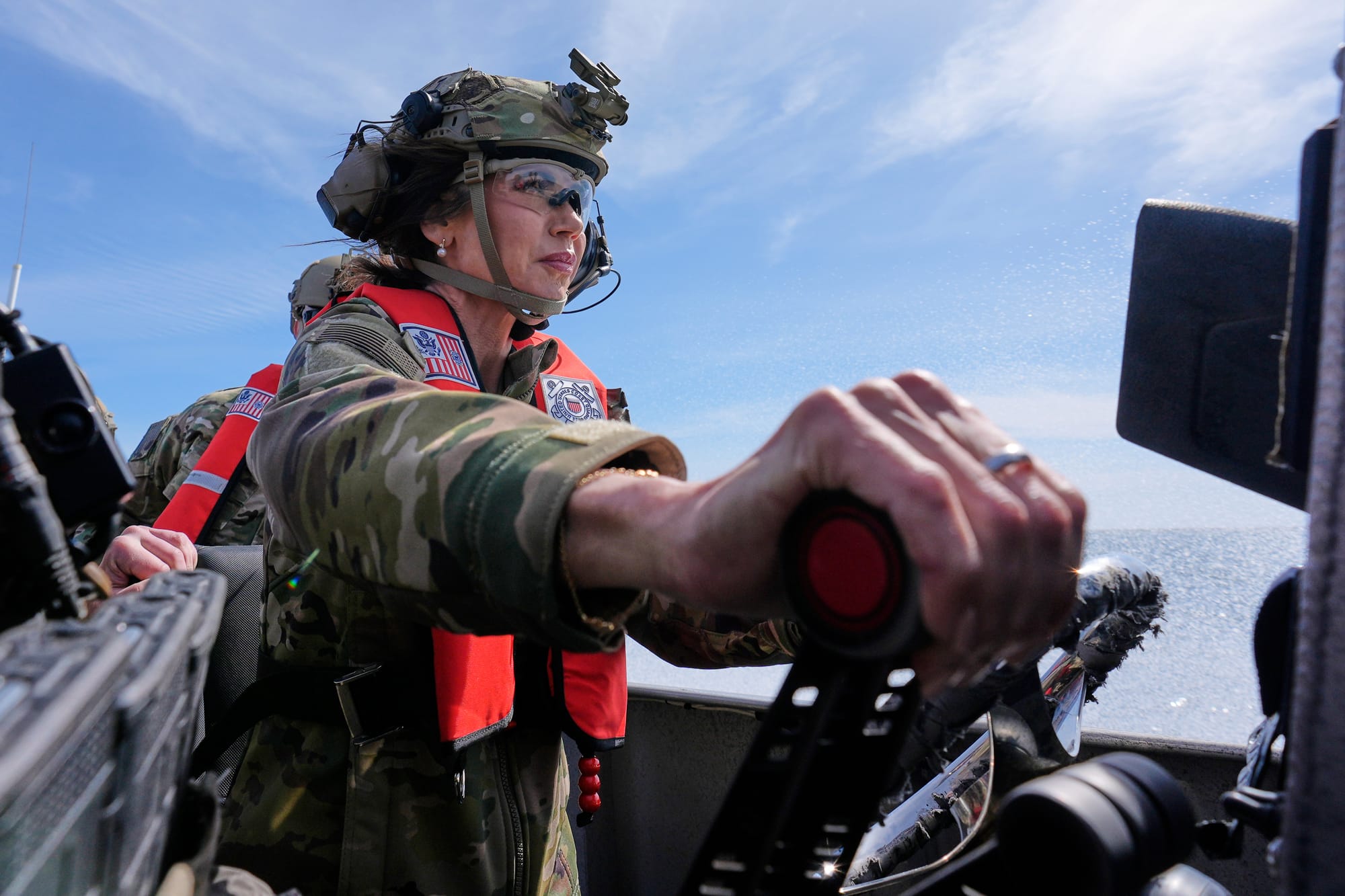 Homeland Security Secretary Kristi Noem pilots a U.S. Coast Guard Response Boat Small with the Maritime Security Response Team
