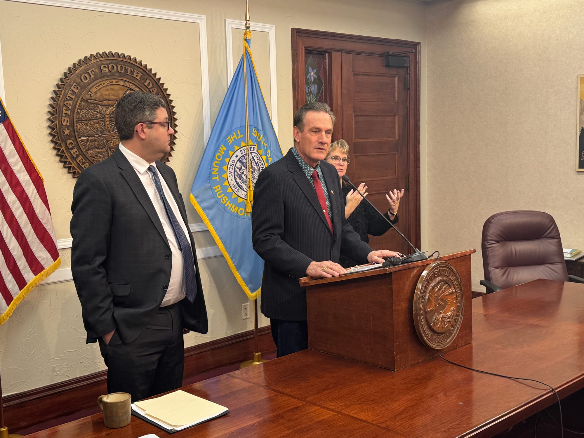 Gov. Larry Rhoden speaks to the media on Feb. 6, 2025, at the State Capitol Building in Pierre