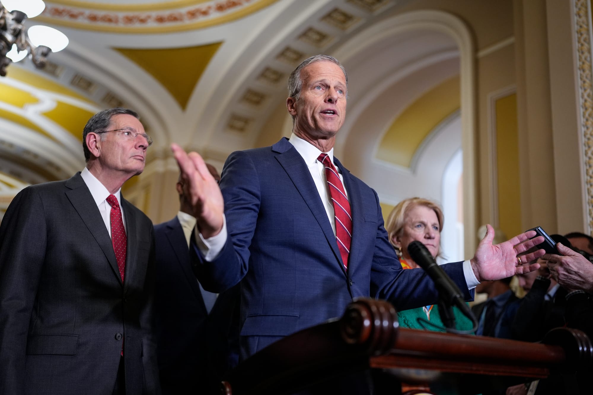 Senate Majority Leader John Thune of South Dakota talks to reporters about President Trump's tariff policies