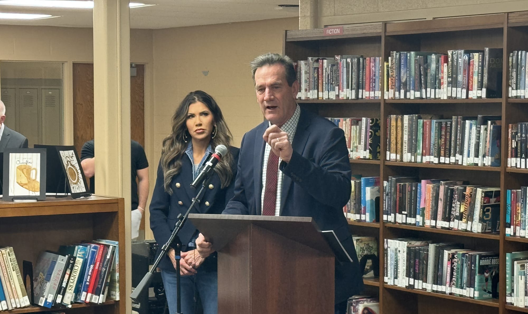 South Dakota Gov. Larry Rhoden speaks March 13, 2024, at a town hall in Mitchell, S.D., when he was still lieutenant governor. Kristi Noem is behind him