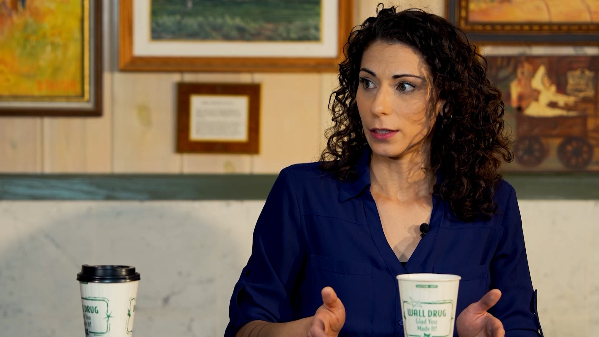 Sarah Hustead explains Wall Drug relies on international seasonal workers during a panel discussion in Wall, S.D., on April 28, 2024. 