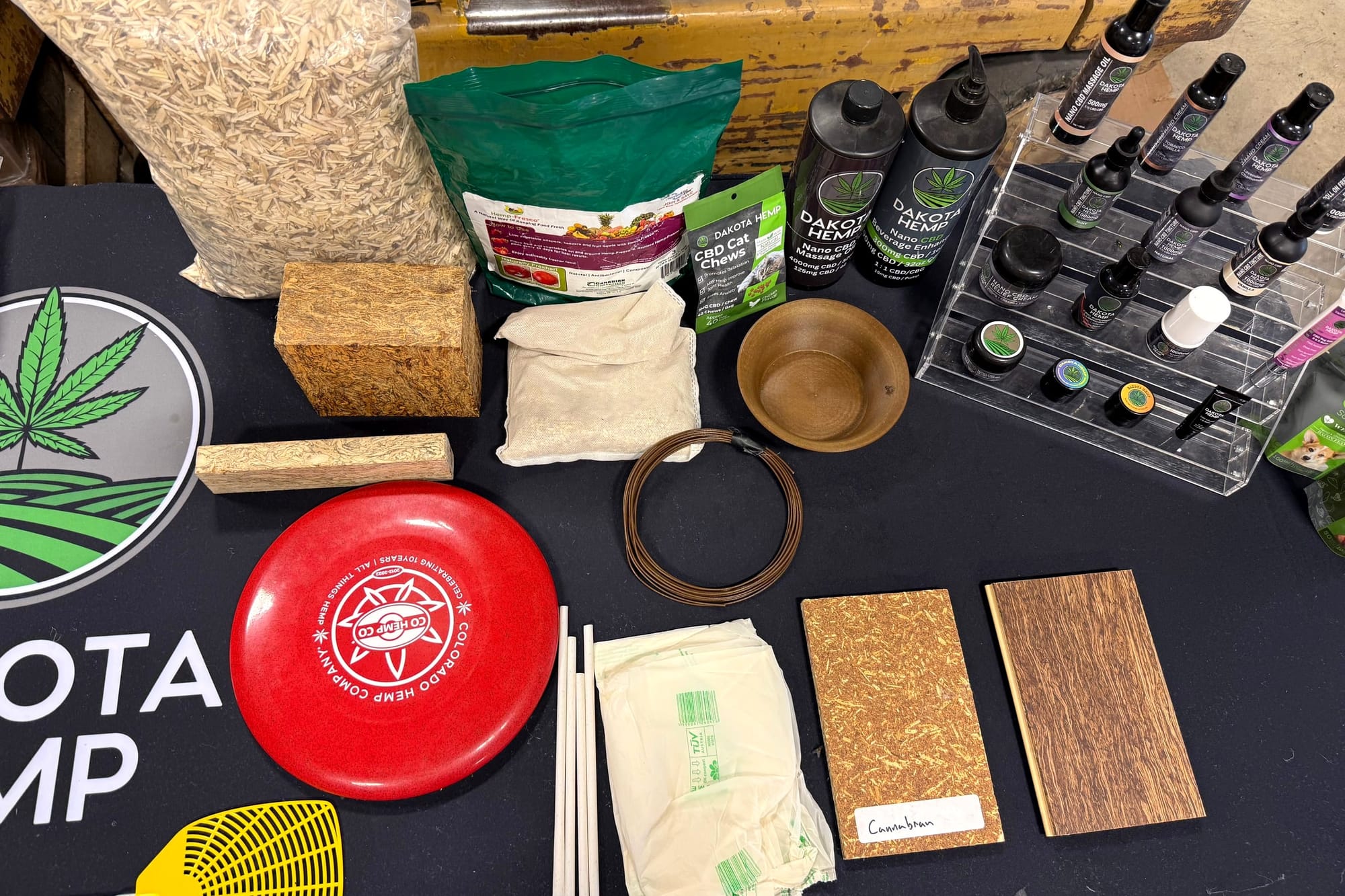 Some of Dakota Hemp's products, including hemp wood, hemp plastic and CBD items, pictured Nov. 7, 2025, at the Dakota Hemp Facility near Wakonda, S.D. (Photo: Molly Wetsch/South Dakota News Watch)