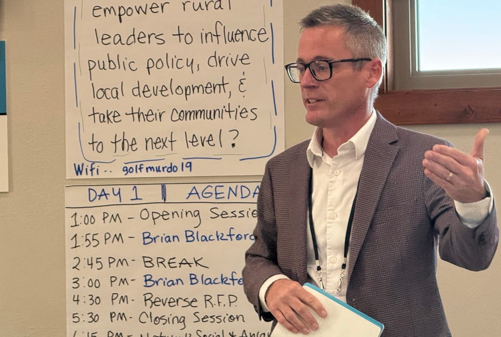 Brian Blackford, a Ball State University professor, spoke to local economic development leaders during a meeting in Murdo, S.D., on Nov. 12, 2025. (Photo: Bart Pfankuch / South Dakota News Watch)