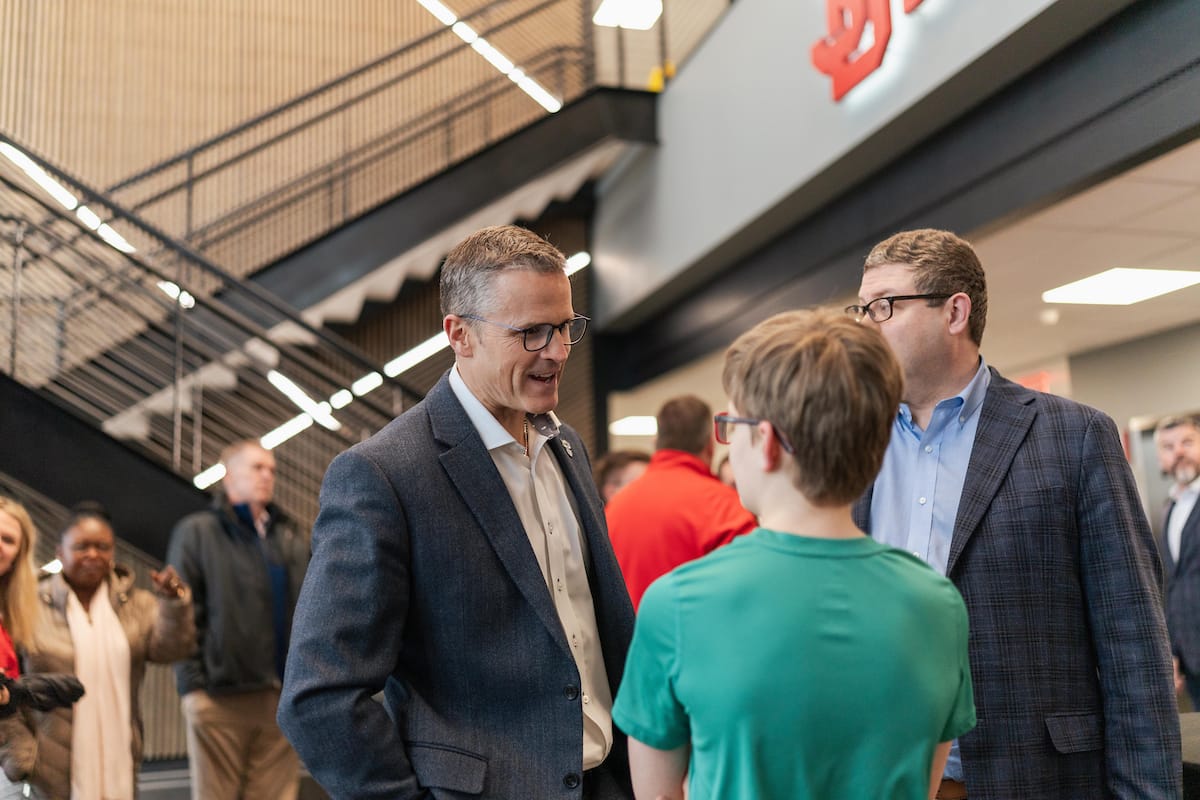 Sioux Falls Mayor Paul TenHaken (left) and South Dakota Lt. Gov. Tony Venhuizen at the USD Discovery District's ribbon cutting on Apr. 1, 2025. 