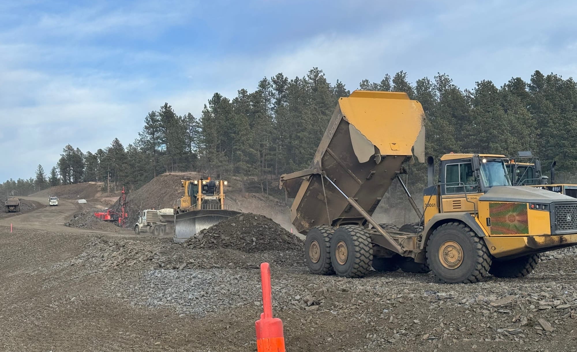 Huge amounts of dirt and gravel were being removed and repositioned on Jan. 6, 2026, as part of the widening of U.S. 385 through the central Black Hills.of South Dakota. (Photo: Bart Pfankuch / South Dakota News Watch)