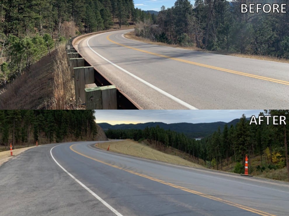 These photos show a section of U.S. 385 heading southbound just north of Pactola Reservoir before the construction project and after widening, slope softening and resurfacing were completed.