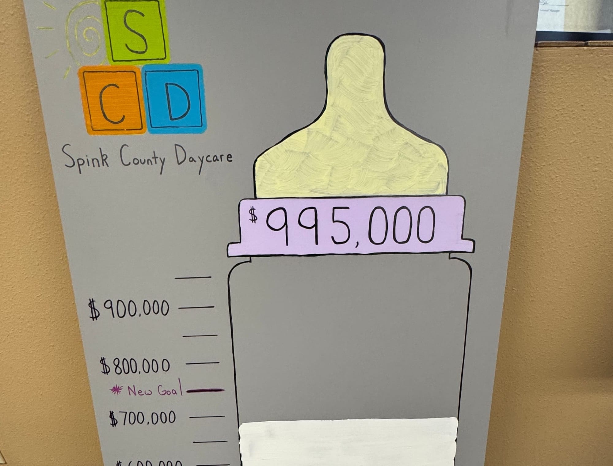 The Redfield Area Development Corp. is using a baby bottle drawing to indicate the level of donations received so far
