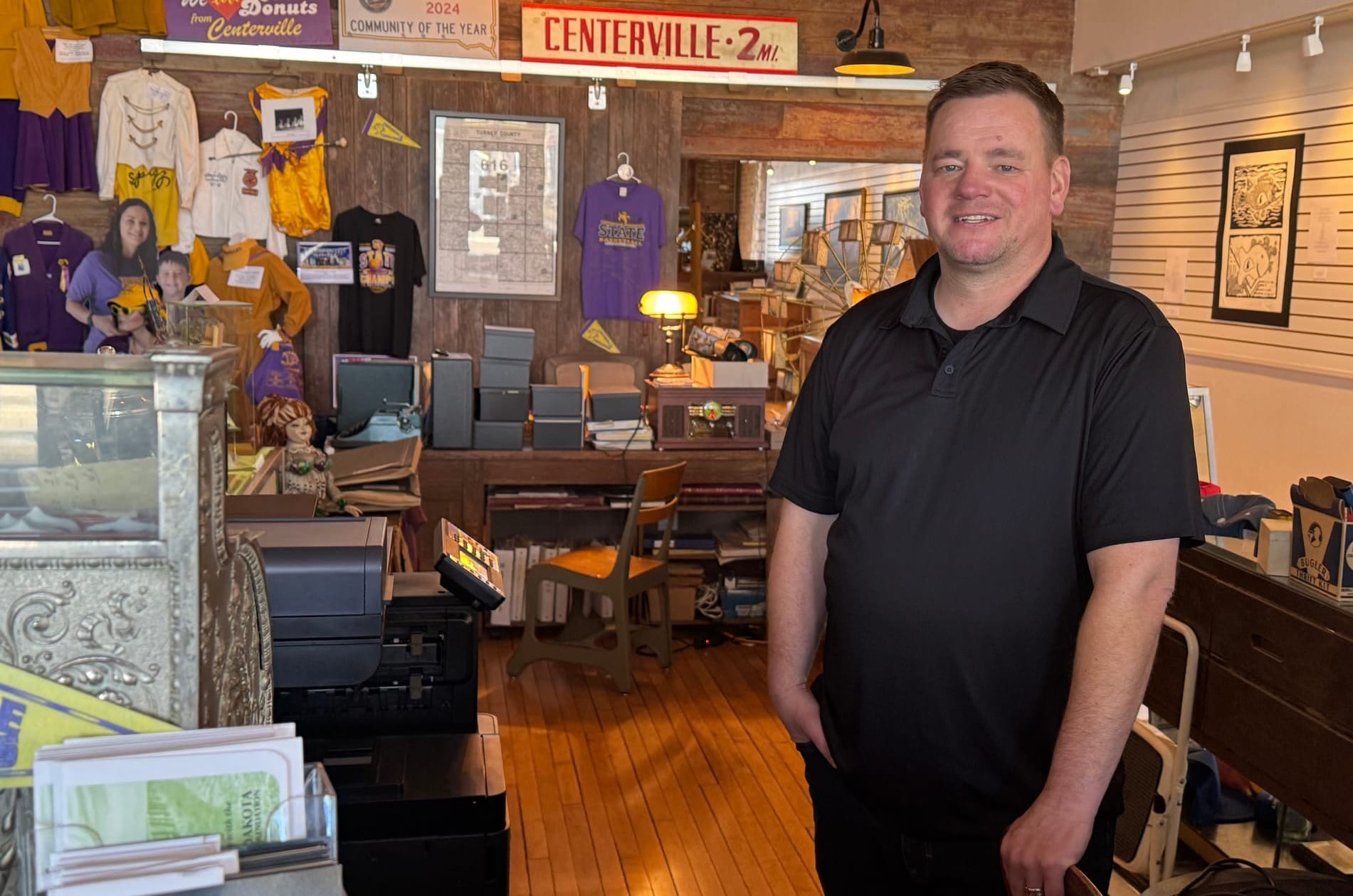 Economic development coordinator Jared Hybertson of Centerville, S.D., on March 19, 2026, in a formerly vacant building that is now a museum