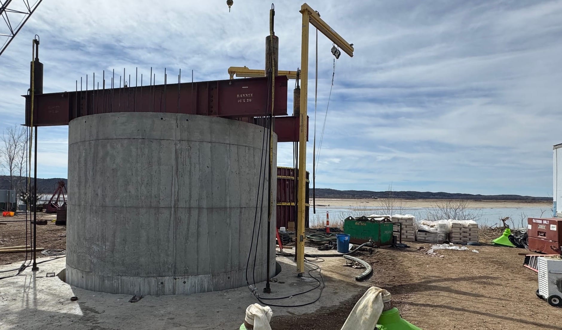 A concrete sleeve was ready on March 20, 2026, to be pushed down into a new Lewis & Clark collector well on the banks of the Missouri River near Vermillion