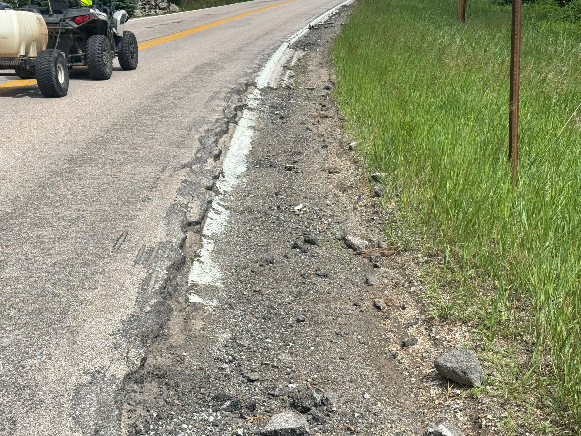 The shoulder of eastbound U.S. 85 in western South Dakota has fully worn away in spots 