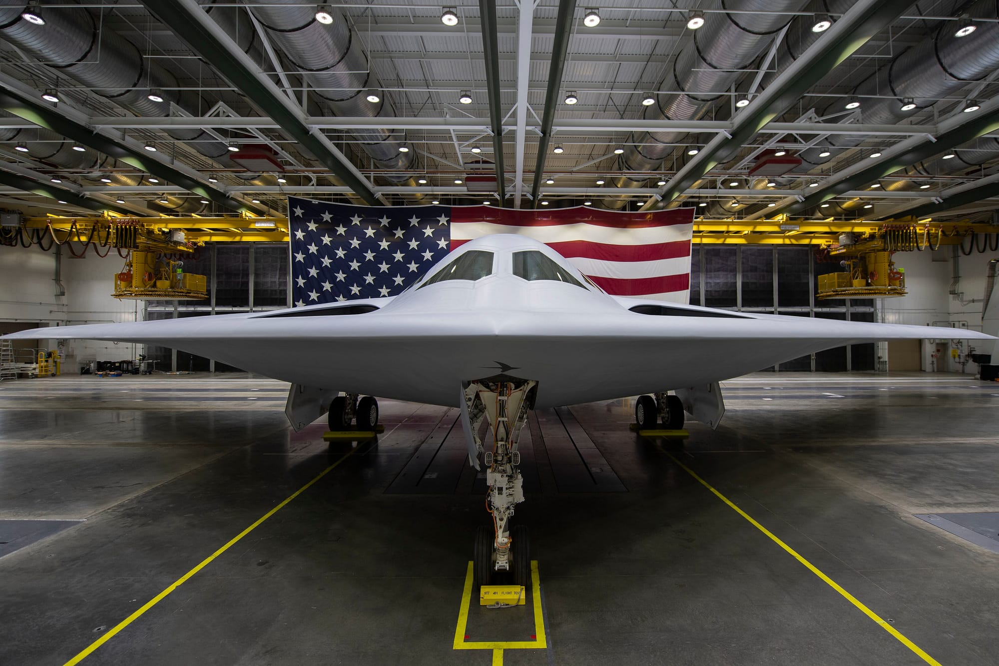 The Northrop Grumman B-21 Raider in a hangar at Plant 42