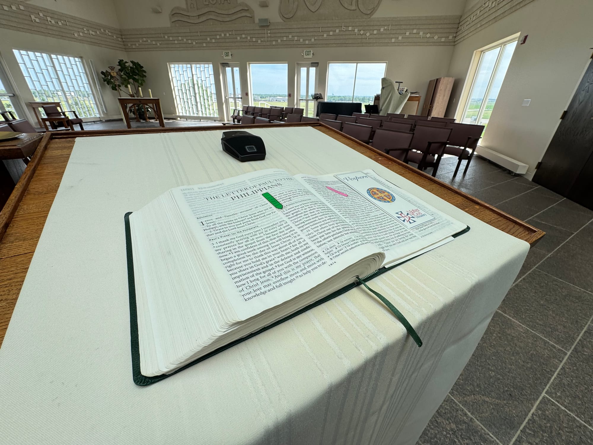 An open Bible sits on the dais within the chapel at the Harmony Hill housing complex