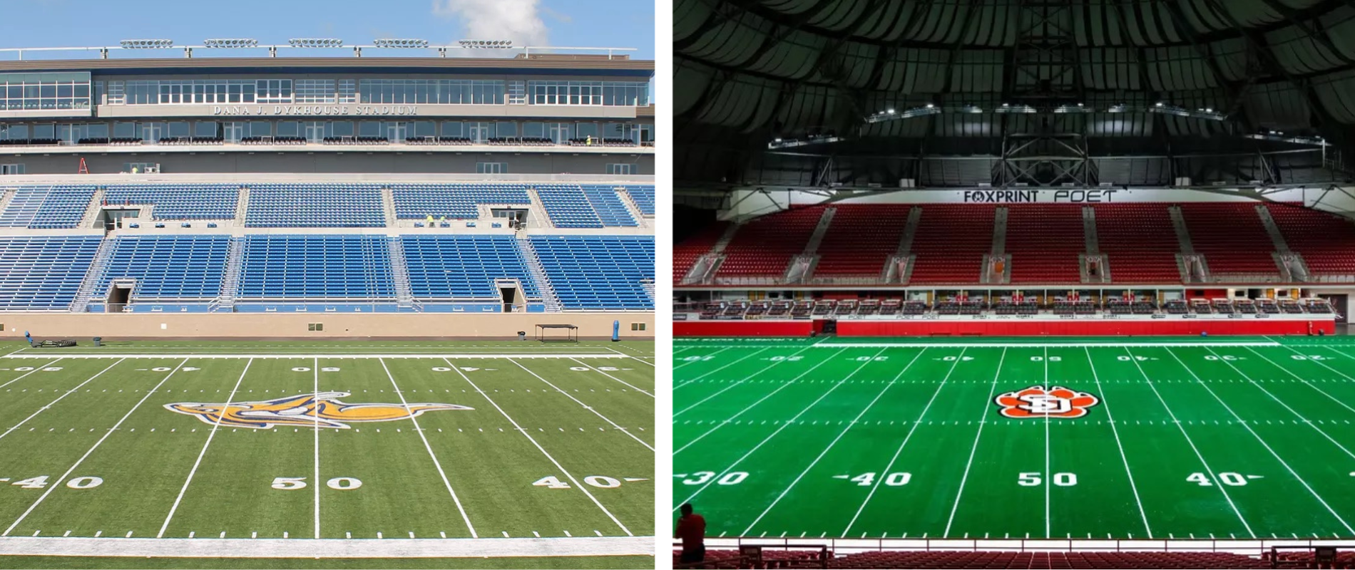 Dana J. Dykhouse Stadium in Brookings, S.D. (left), and the DakotaDome in Vermillion, S.D.