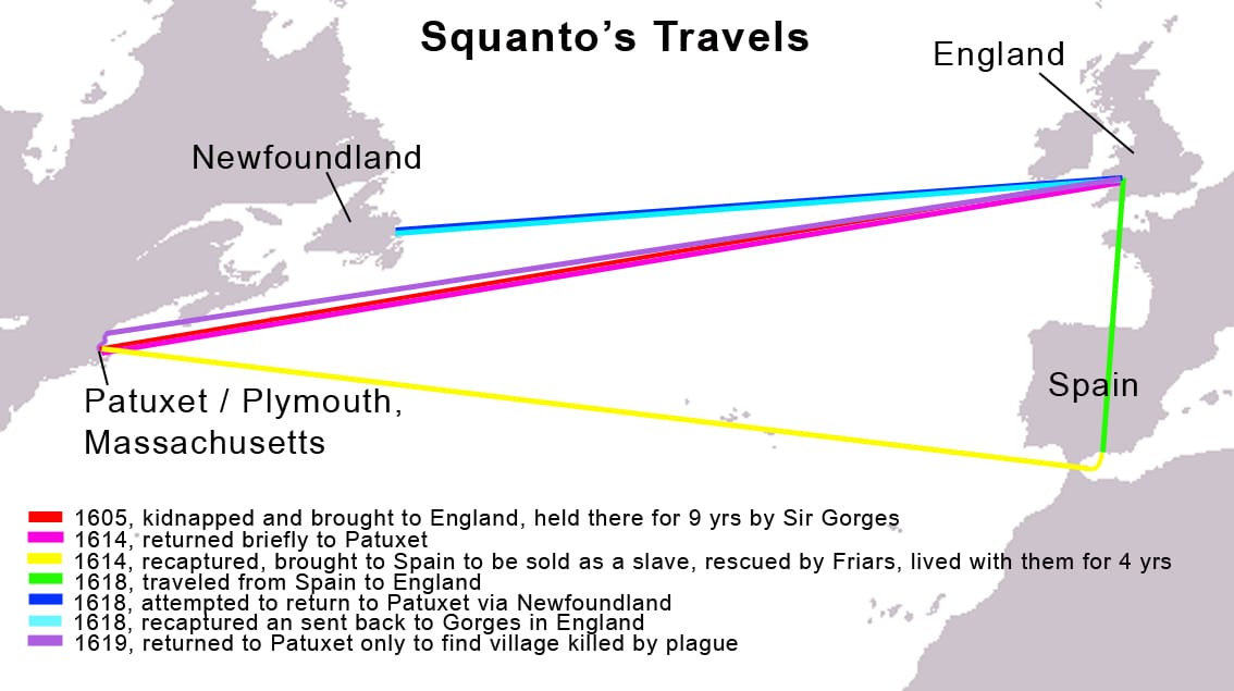 map of Tisquantum's travels