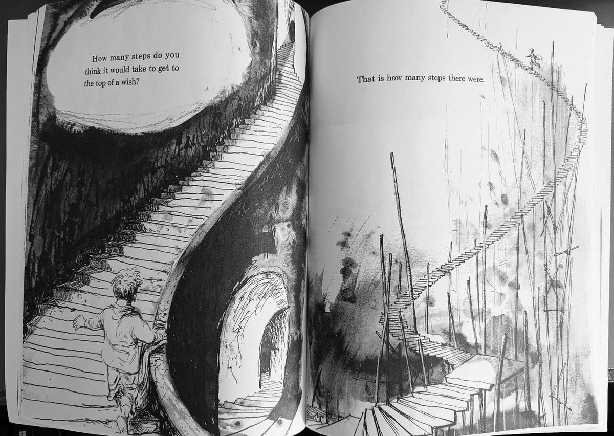 black-and-white ink drawings of little boy in pajamas climbing an endless, dreamlike staircase
