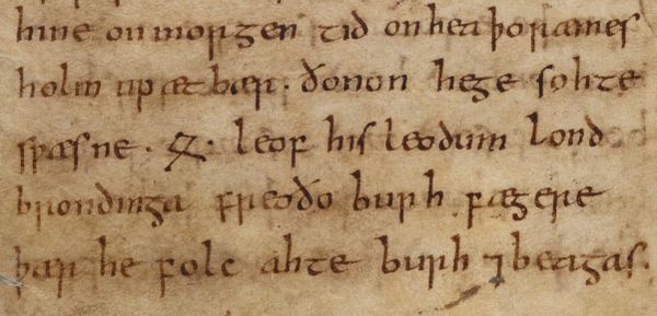 Section of Beowulf in Cotton MS Vitellius A XV manuscript, f 143.v, showing an ēðel rune. 