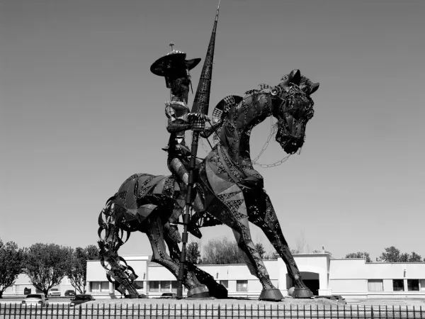 large metal sculpture of Don Quixote on his horse Rocinante